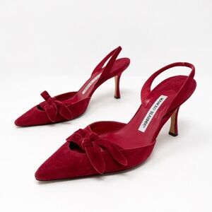 Manolo Blahnik Red Suede Bow Slingback Heels Womens Size EU 38